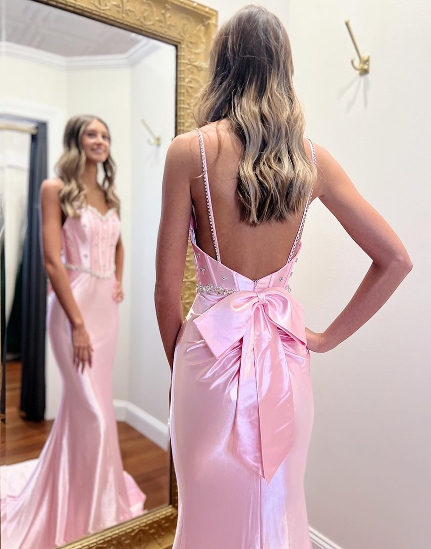 Sparkly Pink Corset Mermaid Long Satin Prom Dress with Rhinestones