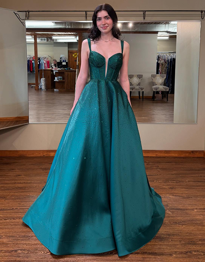 Sparkly Lilac Beaded Corset A Line Long Prom Dress with Pockets