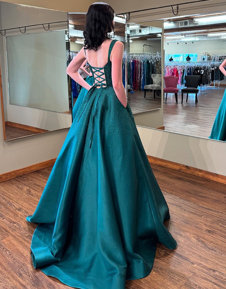 Sparkly Lilac Beaded Corset A Line Long Prom Dress with Pockets