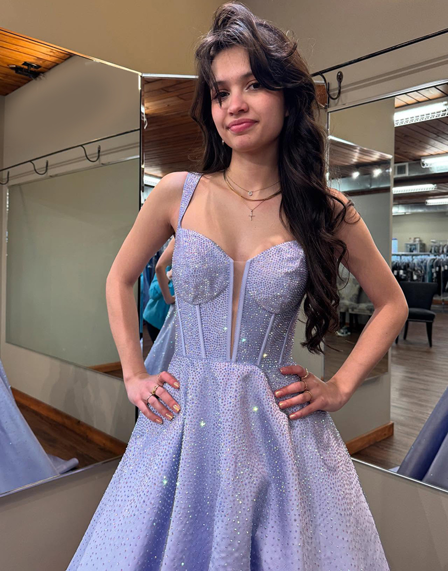 Sparkly Lilac Beaded Corset A Line Long Prom Dress with Pockets