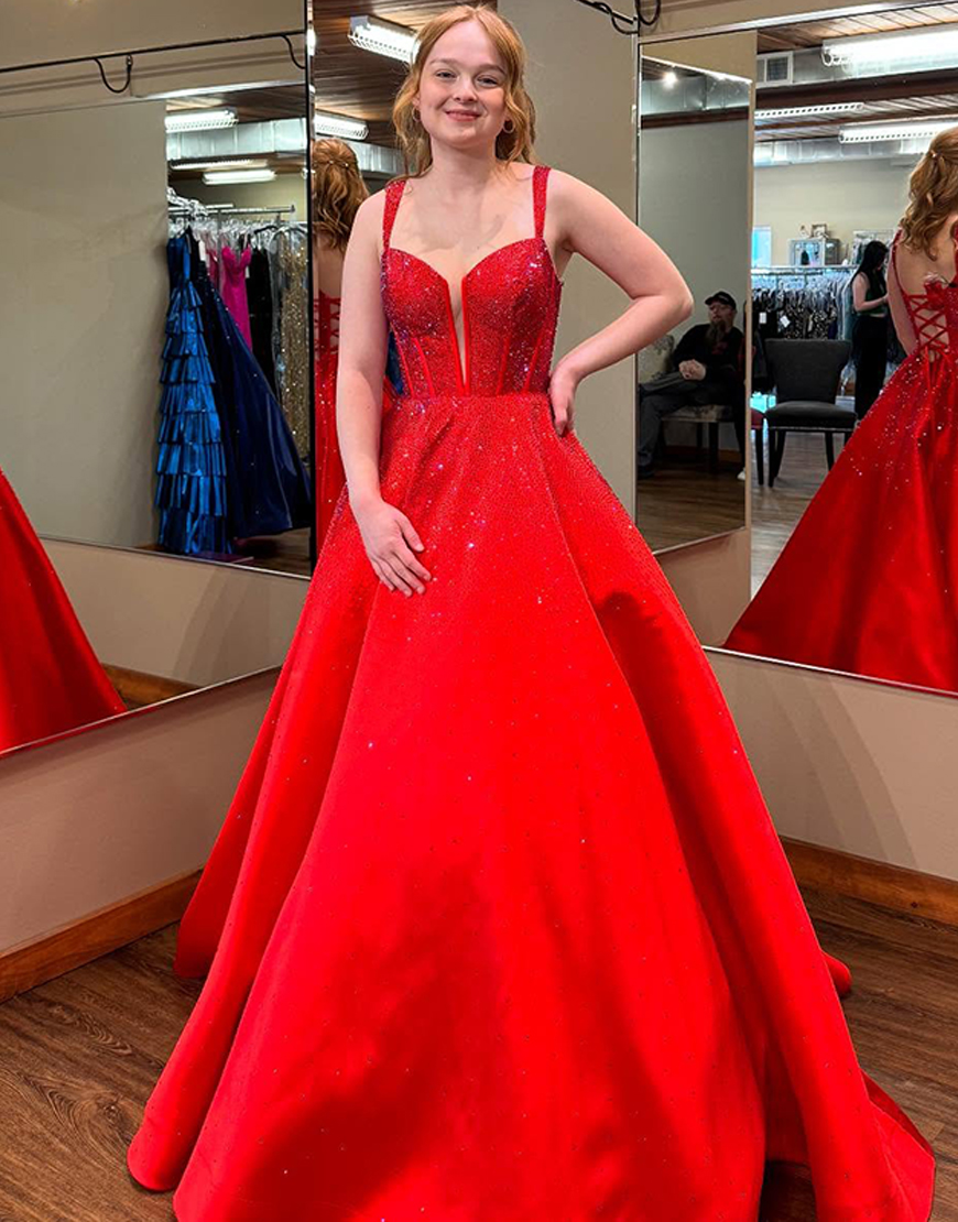 Sparkly Lilac Beaded Corset A Line Long Prom Dress with Pockets