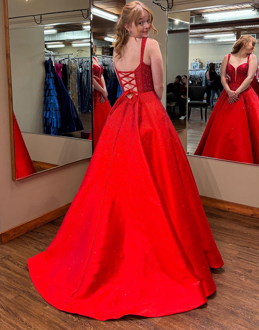 Sparkly Lilac Beaded Corset A Line Long Prom Dress with Pockets