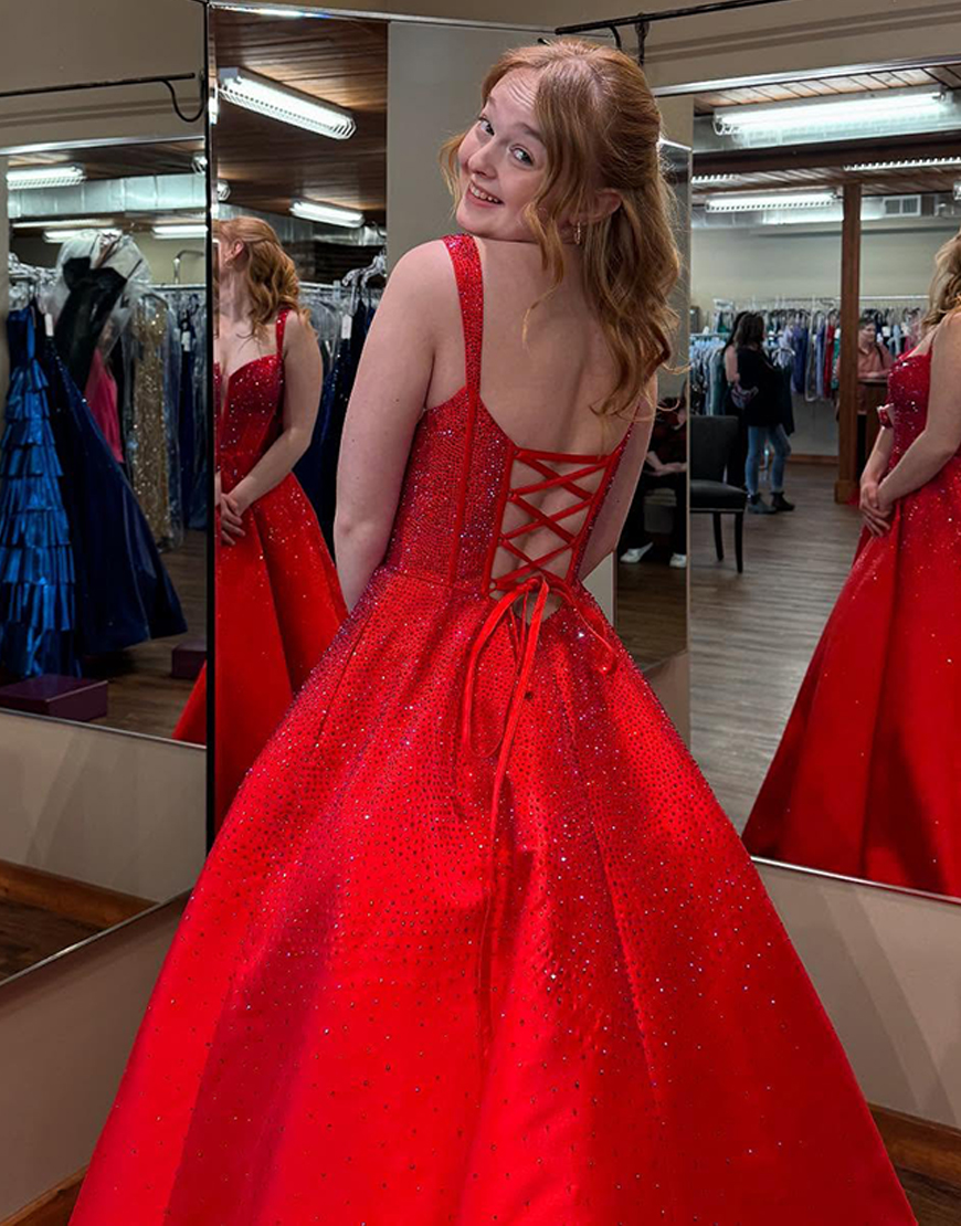 Sparkly Lilac Beaded Corset A Line Long Prom Dress with Pockets
