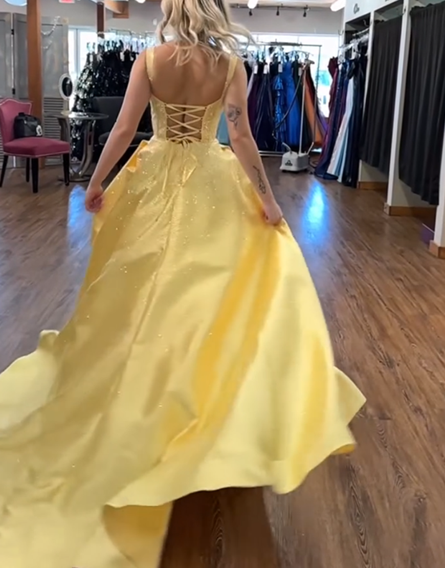 Sparkly Lilac Beaded Corset A Line Long Prom Dress with Pockets