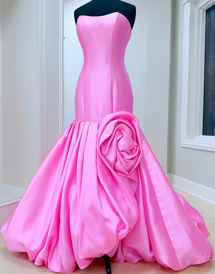 Pink Mermaid Strapless Long Prom Dress with 3D Flower