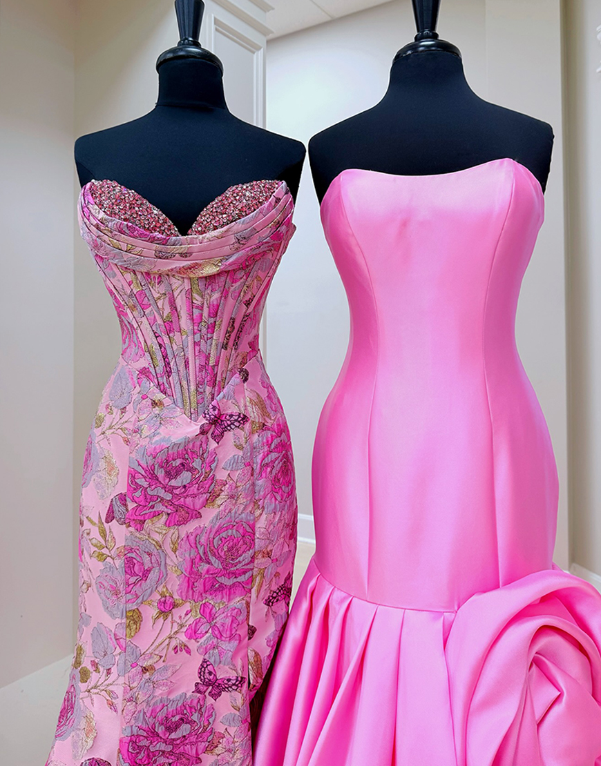 Pink Mermaid Strapless Long Prom Dress with 3D Flower
