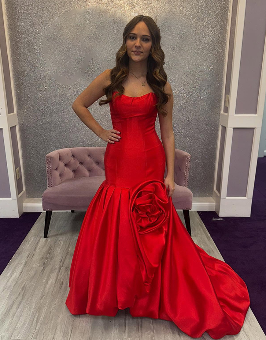 Pink Mermaid Strapless Long Prom Dress with 3D Flower