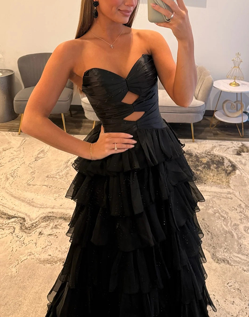 Fuchsia Ruffled Sweetheart Long Cut Out Prom Dress with Slit