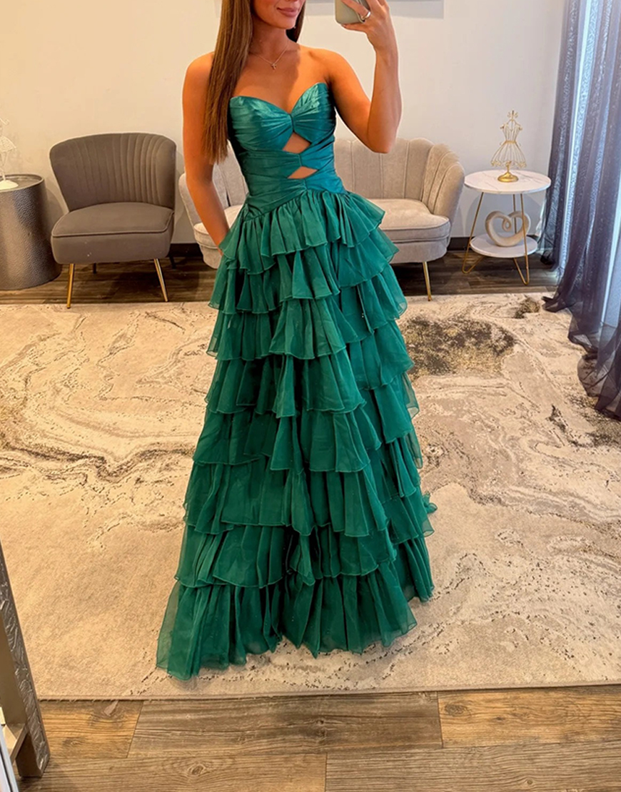 Fuchsia Ruffled Sweetheart Long Cut Out Prom Dress with Slit