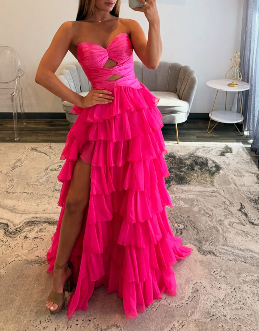 Fuchsia Ruffled Sweetheart Long Cut Out Prom Dress with Slit