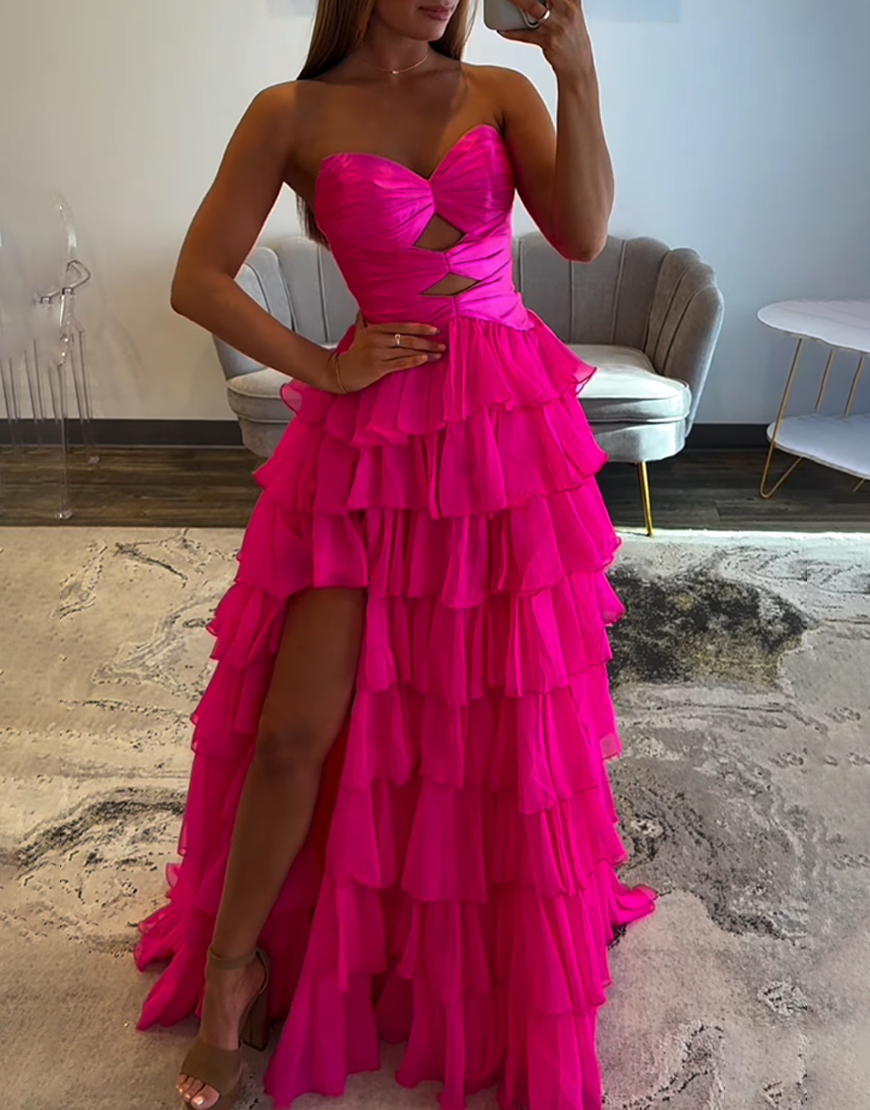 Fuchsia Ruffled Sweetheart Long Cut Out Prom Dress with Slit
