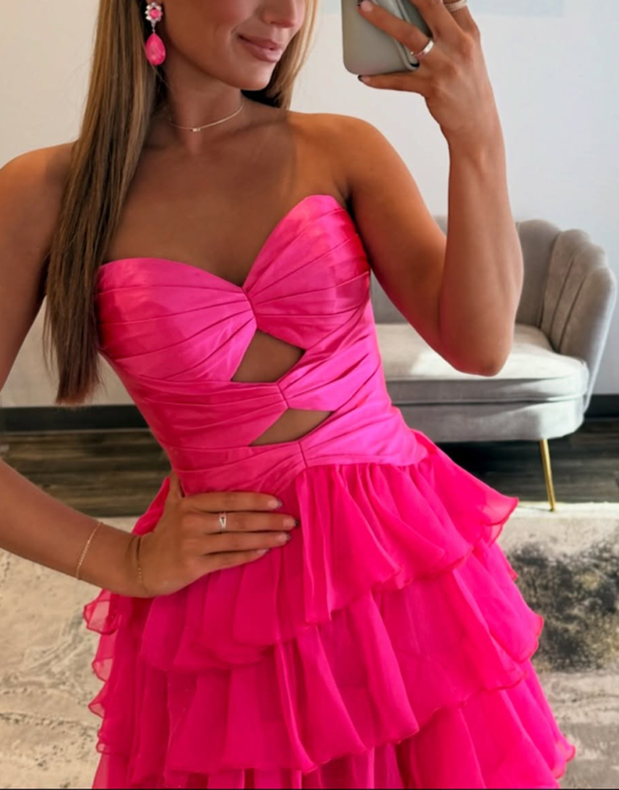 Fuchsia Ruffled Sweetheart Long Cut Out Prom Dress with Slit