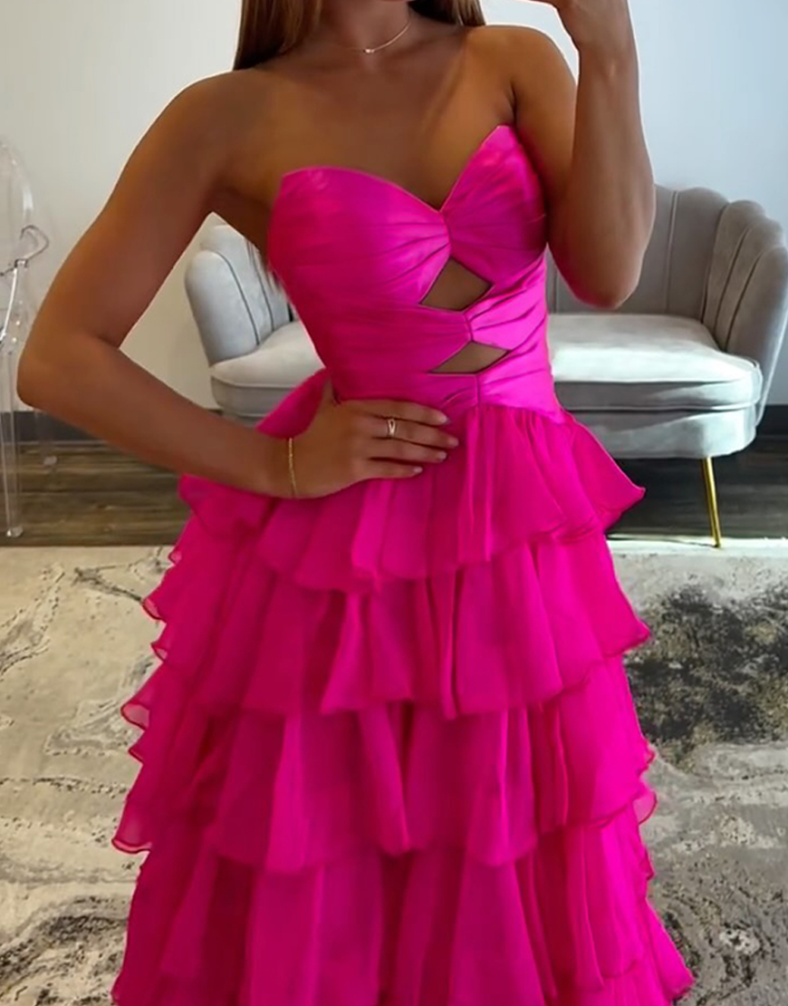 Fuchsia Ruffled Sweetheart Long Cut Out Prom Dress with Slit