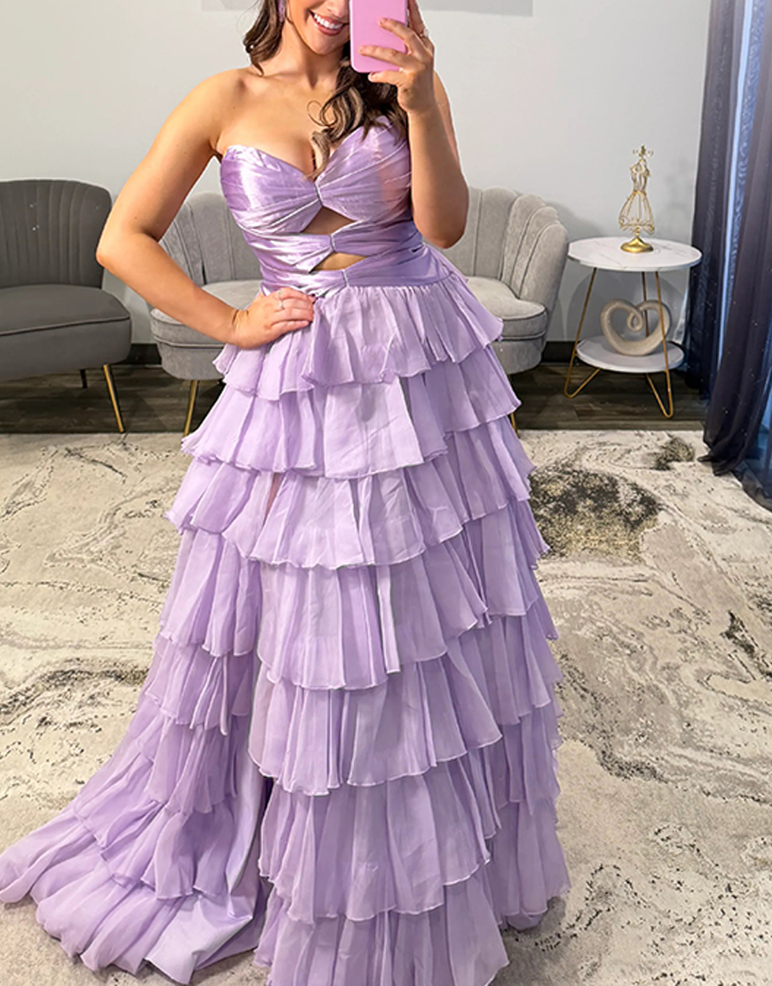 Fuchsia Ruffled Sweetheart Long Cut Out Prom Dress with Slit