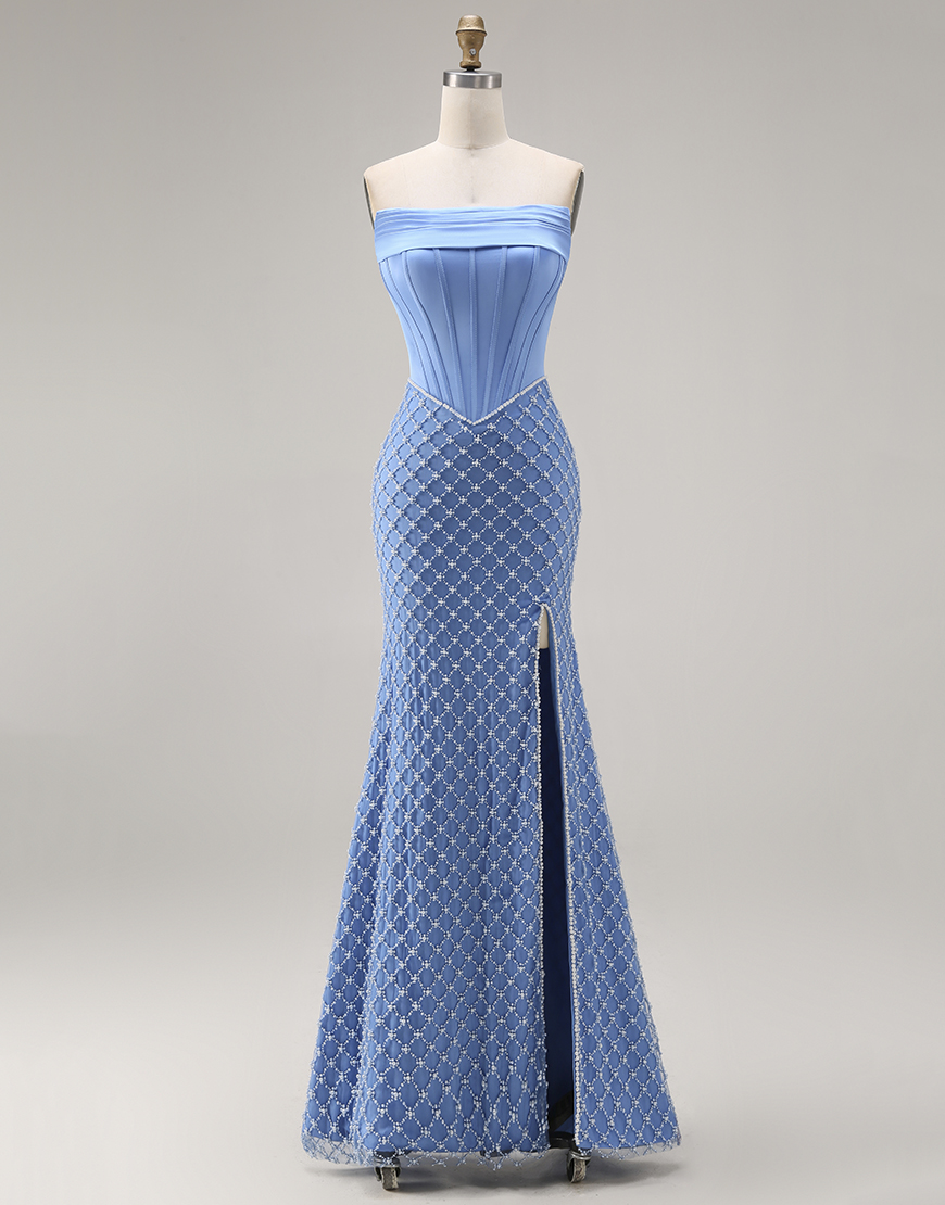 Berlinnova Women Sparkly Blue Mermaid Long Corset Prom Dress with Slit Beaded Strapless Formal Dress