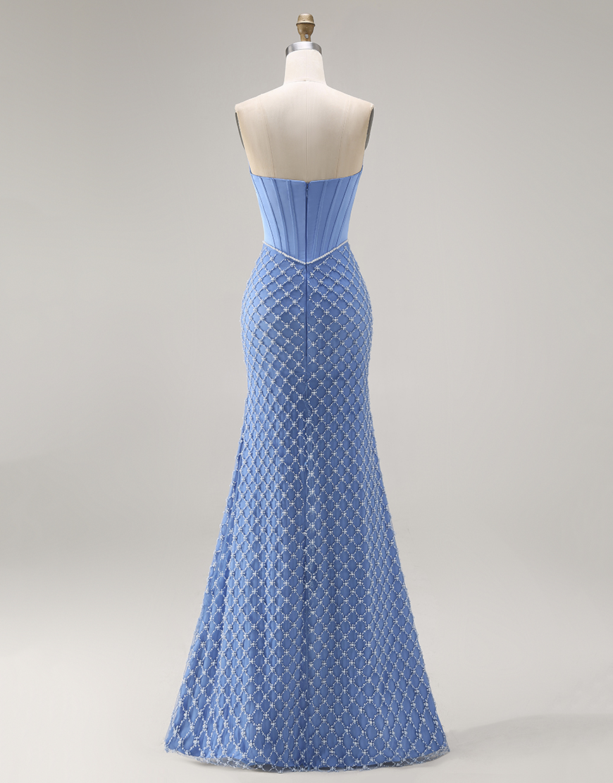 Blue Corset Mermaid Strapless Long Prom Dress with Slit