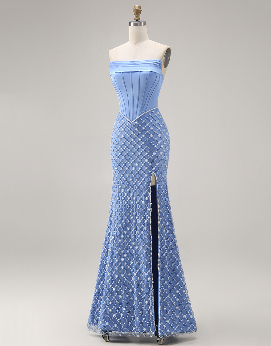 Blue Corset Mermaid Strapless Long Prom Dress with Slit