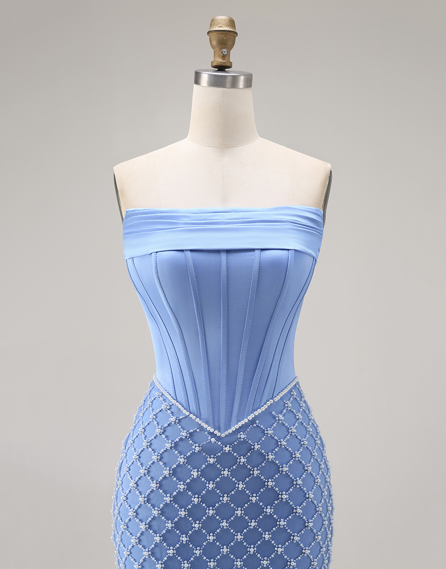 Blue Corset Mermaid Strapless Long Prom Dress with Slit