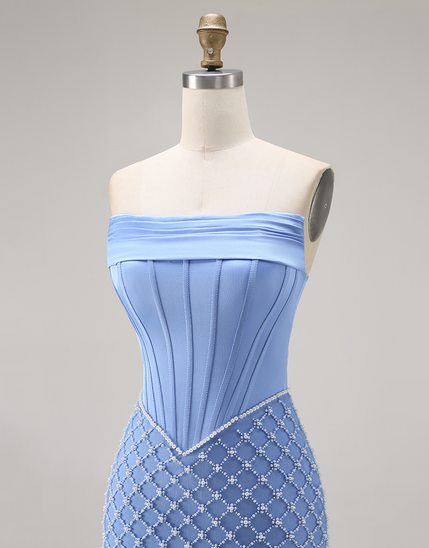 Blue Corset Mermaid Strapless Long Prom Dress with Slit