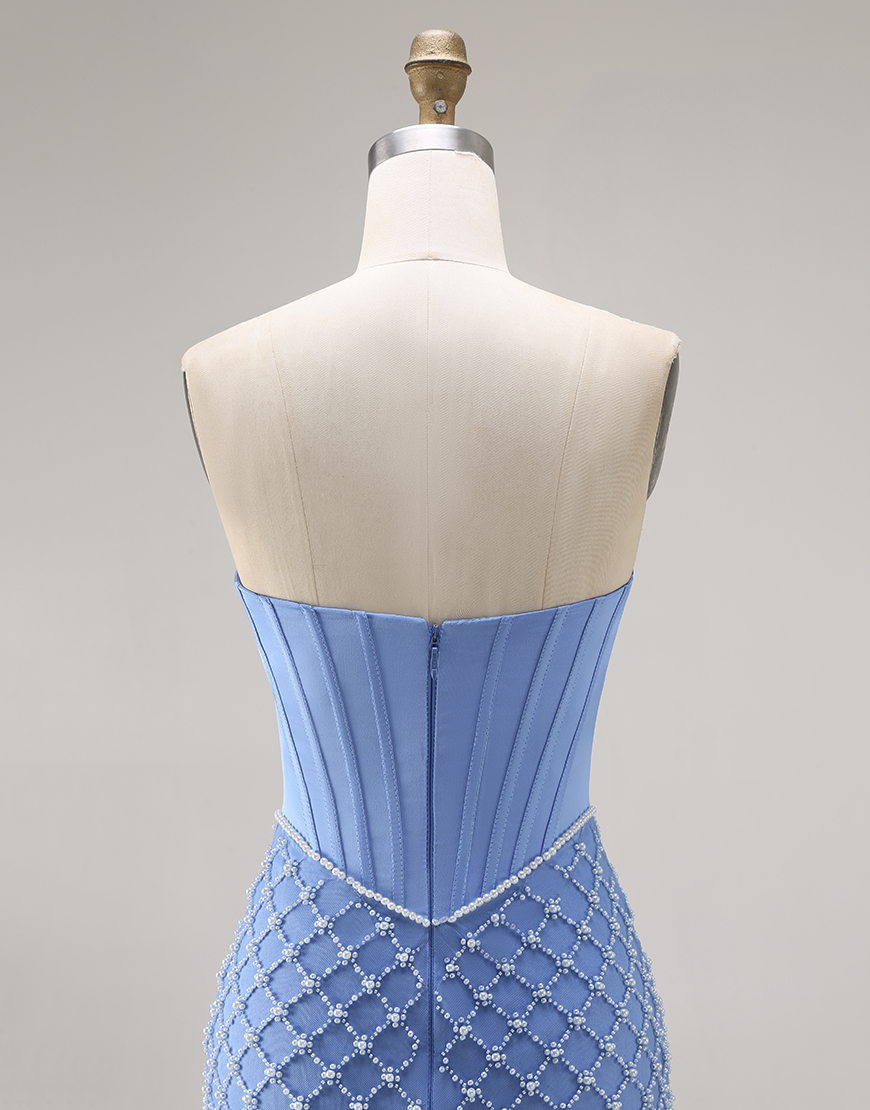 Blue Corset Mermaid Strapless Long Prom Dress with Slit