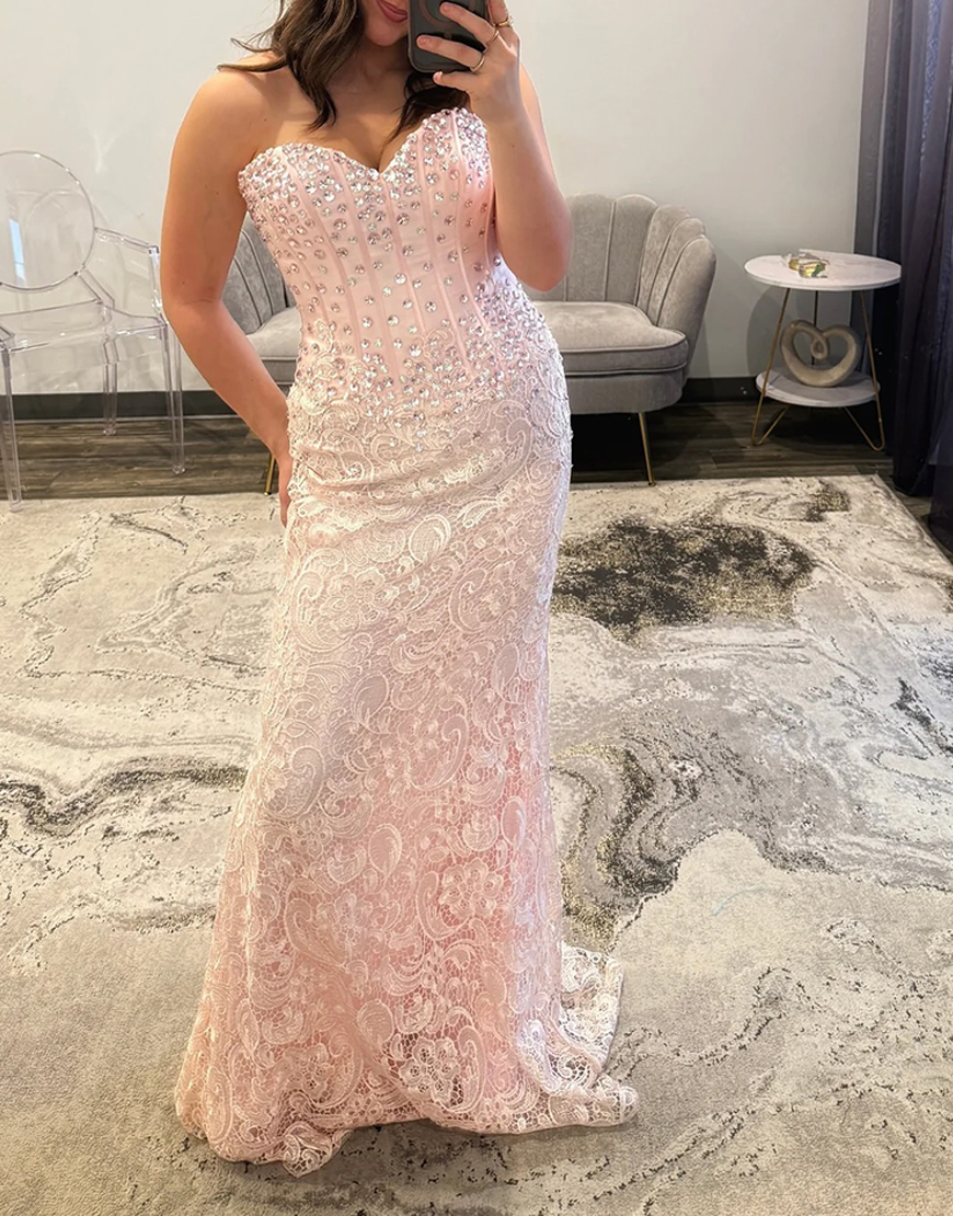 Sparkly Blush Corset Mermaid Lace Sweetheart Long Prom Dress with Beading