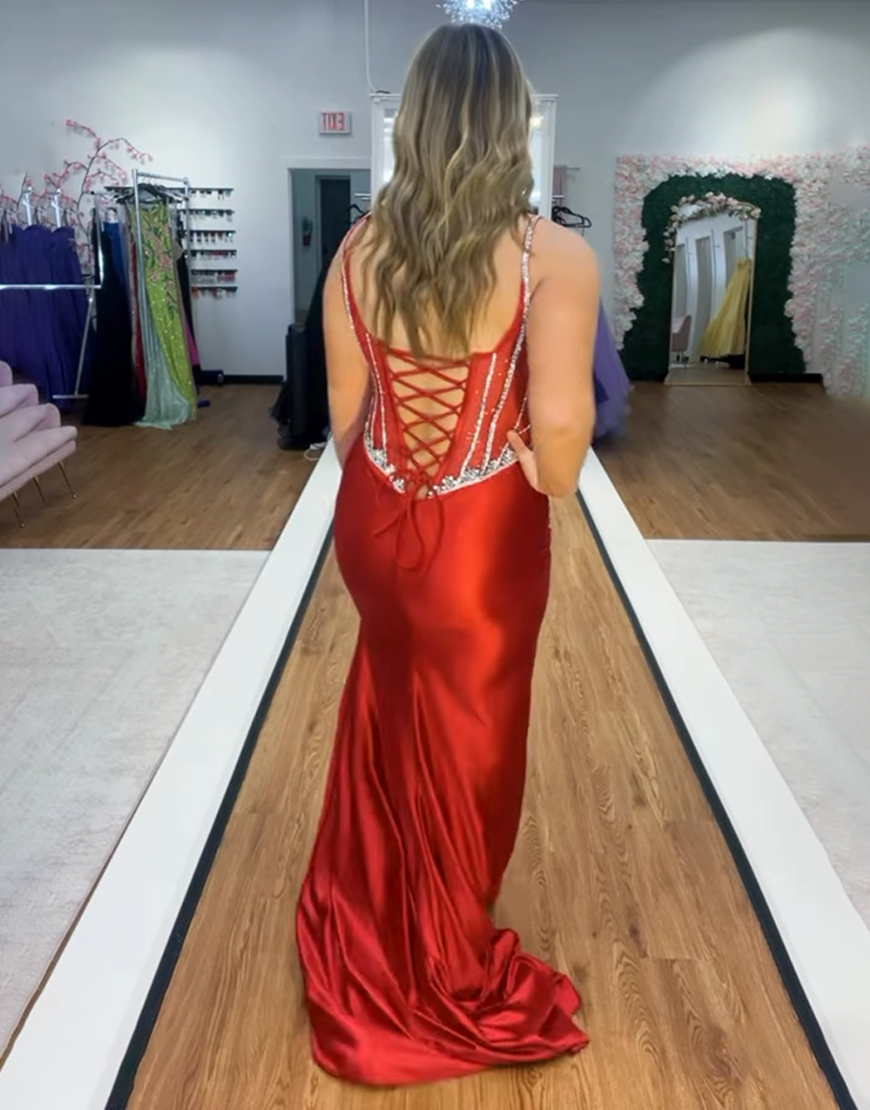 Sparkly Royal Blue Satin Beaded Corset Mermaid Long Prom Dress with Slit