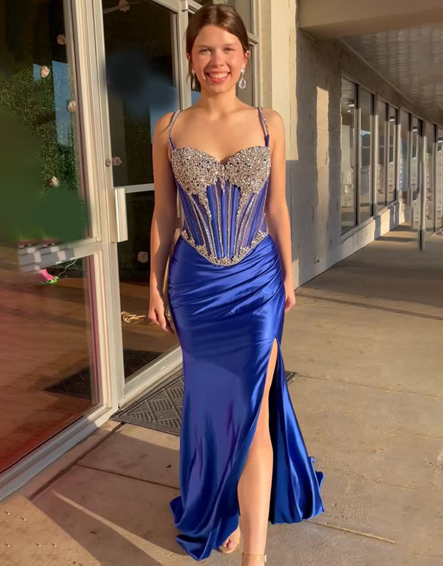 Sparkly Royal Blue Satin Beaded Corset Mermaid Long Prom Dress with Slit