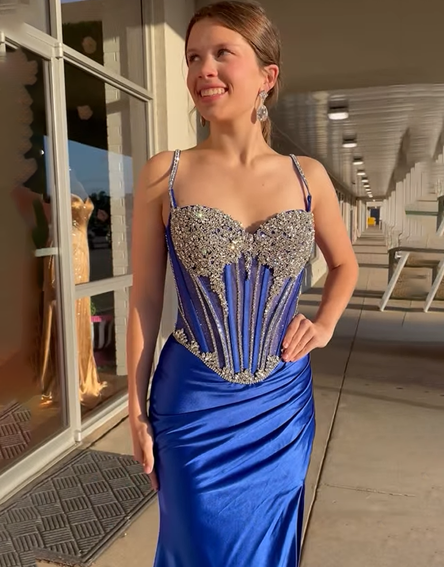 Sparkly Royal Blue Satin Beaded Corset Mermaid Long Prom Dress with Slit