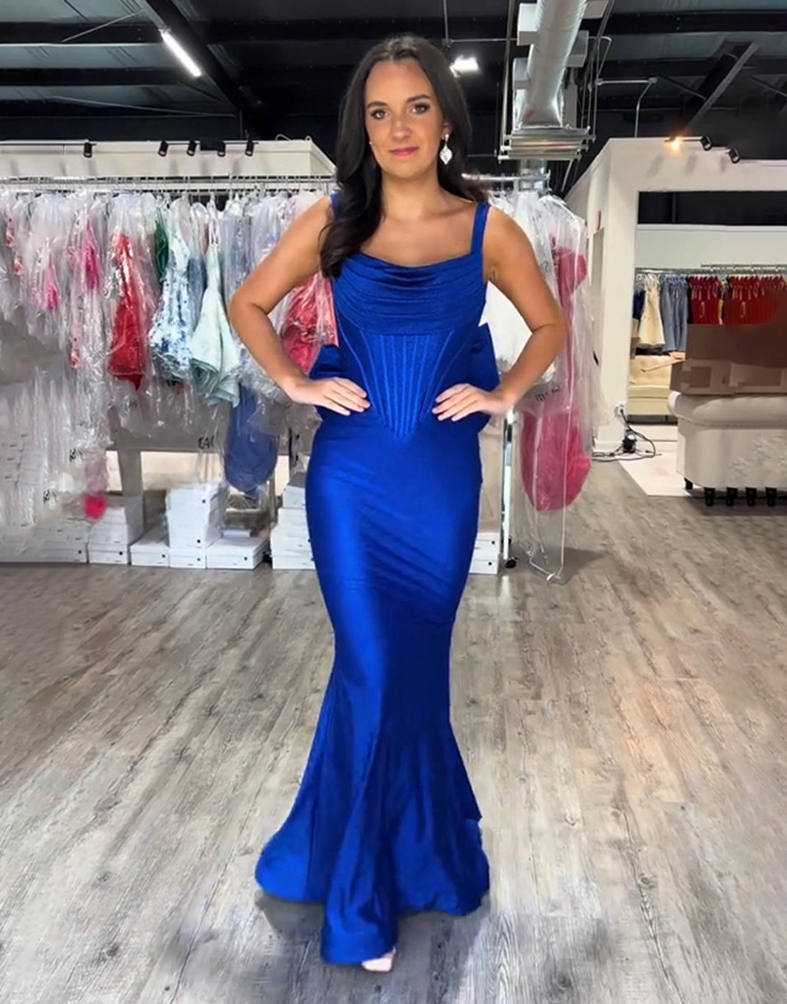 Royal Blue Glitter Corset Mermaid Satin Square Neck Long Prom Dress with Bow
