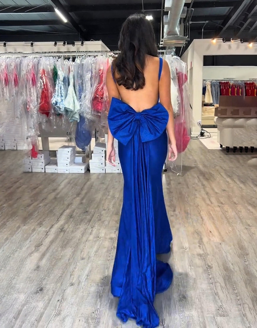 Royal Blue Glitter Corset Mermaid Satin Square Neck Long Prom Dress with Bow