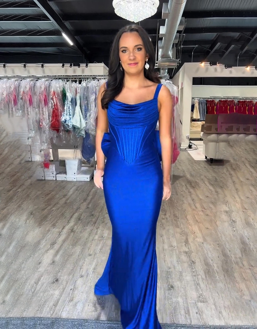 Royal Blue Glitter Corset Mermaid Satin Square Neck Long Prom Dress with Bow