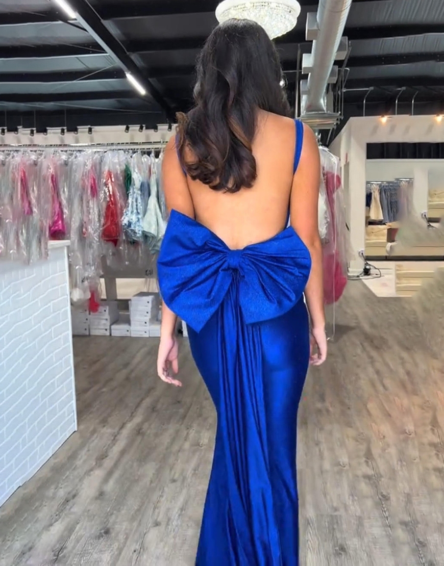 Royal Blue Glitter Corset Mermaid Satin Square Neck Long Prom Dress with Bow