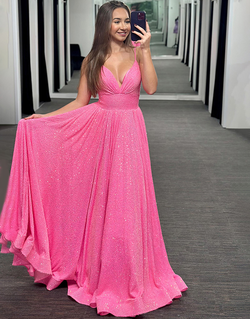 Sparkly Pink V-Neck A Line Long Prom Dress with Beading