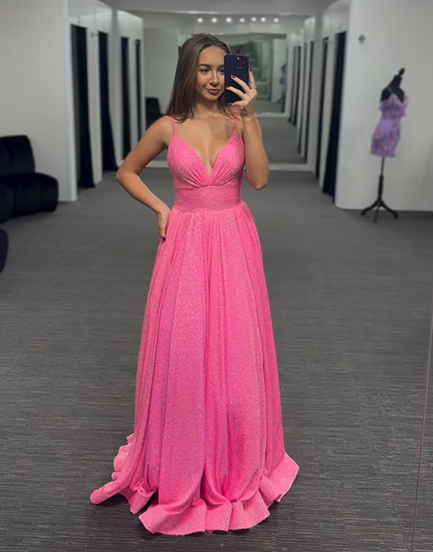 Sparkly Pink V-Neck A Line Long Prom Dress with Beading