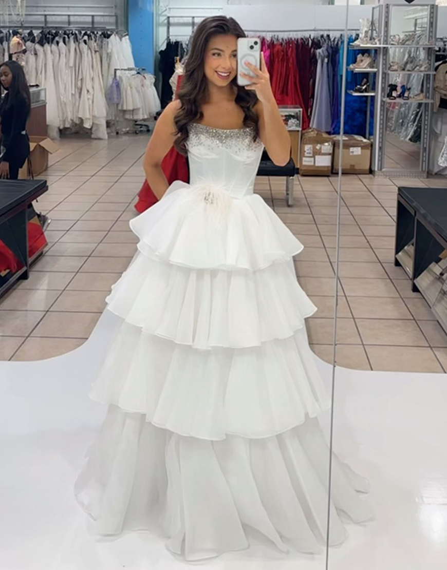 Sparkly White Corset Strapless Ruffled Long Prom Dress with Beading