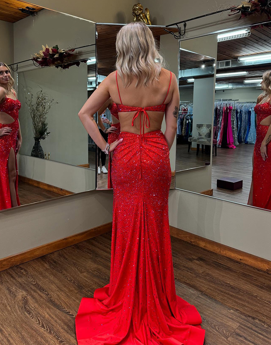 Sparkly Red Mermaid Beaded Spaghetti Straps Corset Evening Dress with Slit