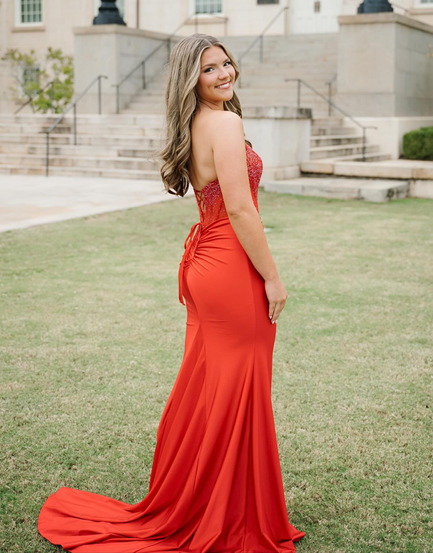 Sparkly Red Corset Mermaid Strapless Long Prom Dress with Slit