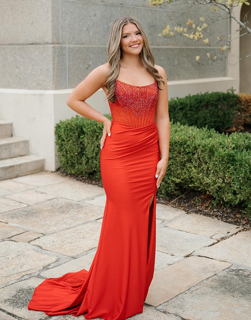 Sparkly Red Corset Mermaid Strapless Long Prom Dress with Slit
