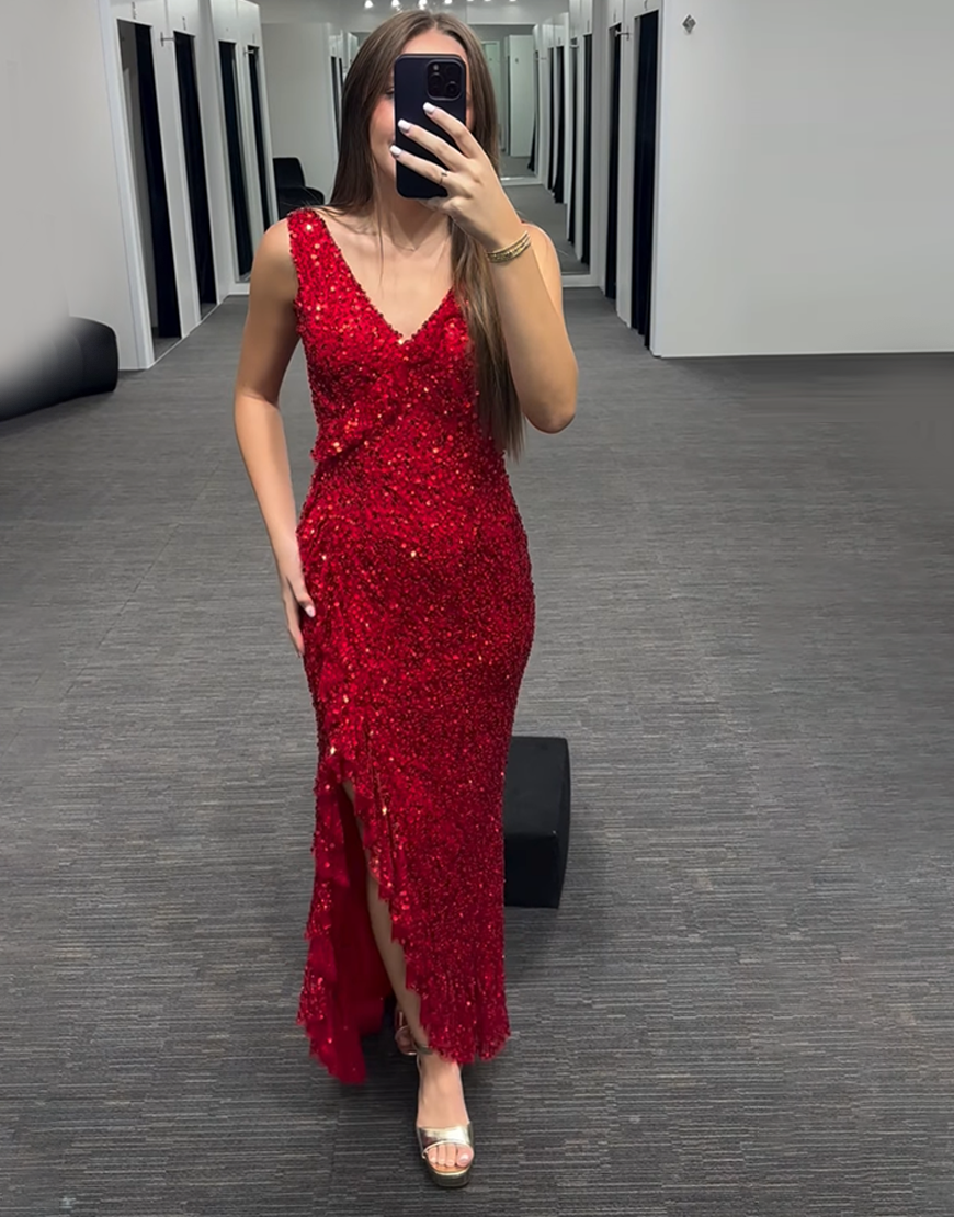Sparkly Red Mermaid V-Neck Sequined Long Prom Dress with Slit