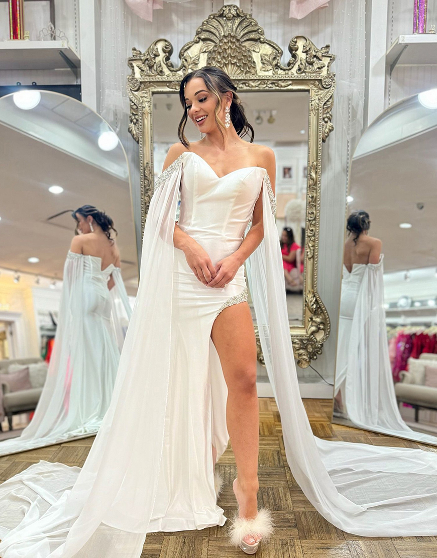 Sparkly White Corset Mermaid Sweetheart Long Prom Dress with Side Cape