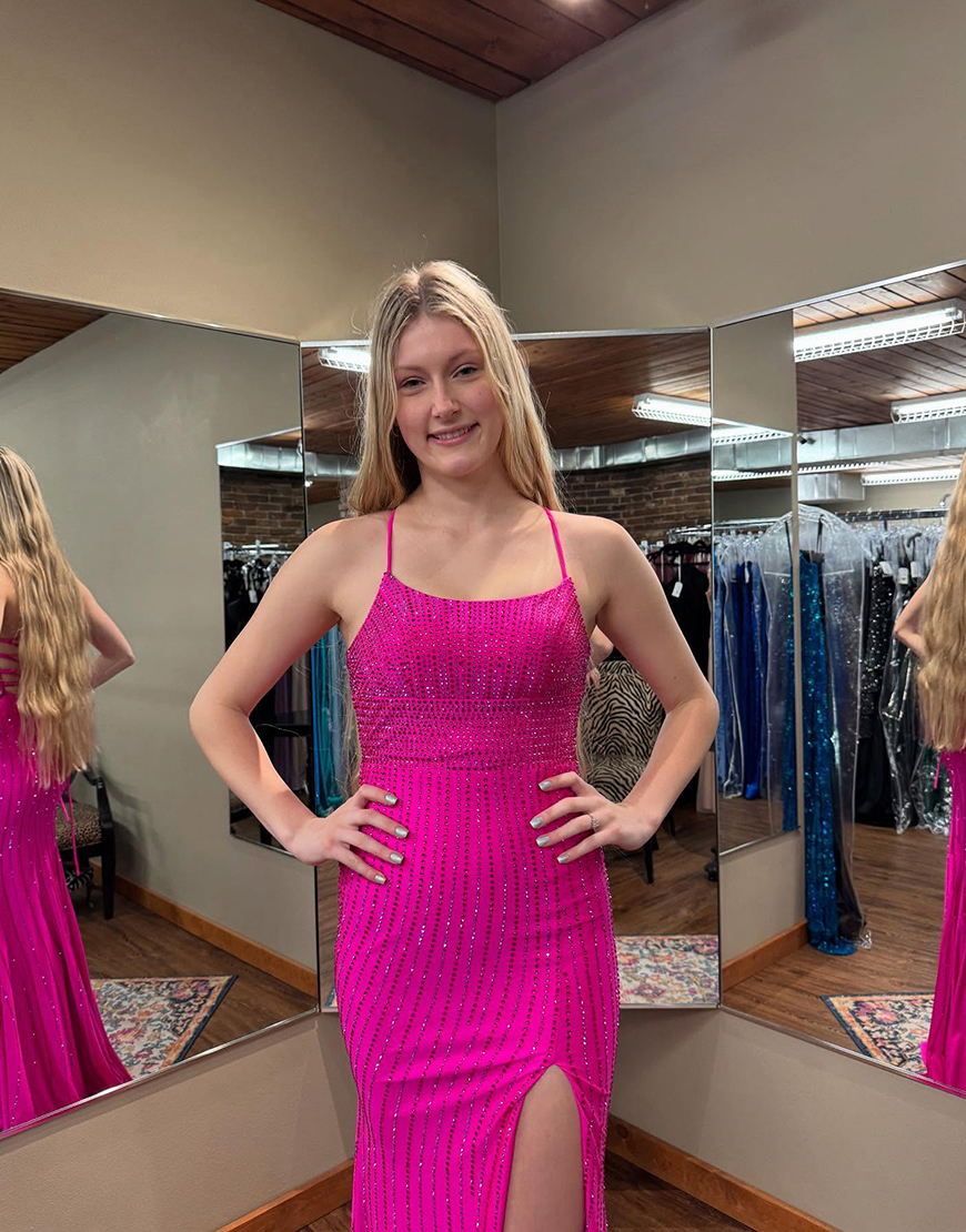 Sparkly Fuchsia Mermaid Beaded Long Prom Dress with Slit