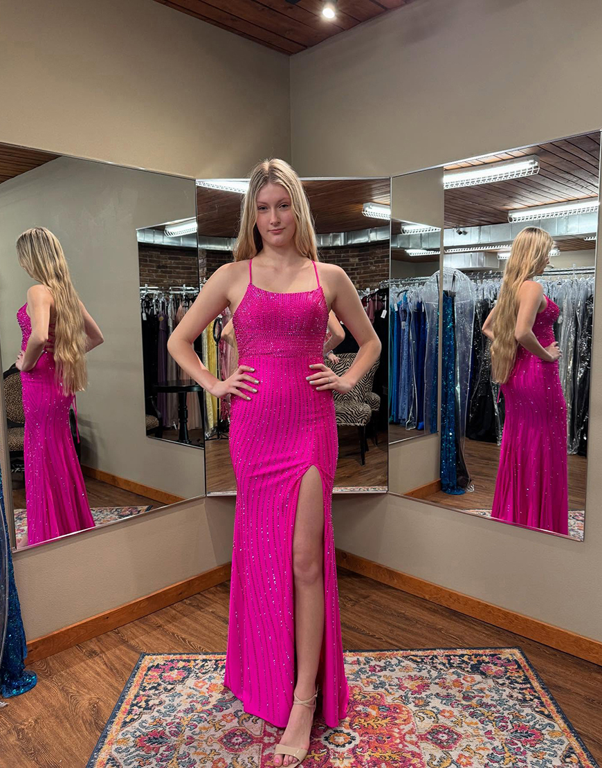 Sparkly Fuchsia Mermaid Beaded Long Prom Dress with Slit