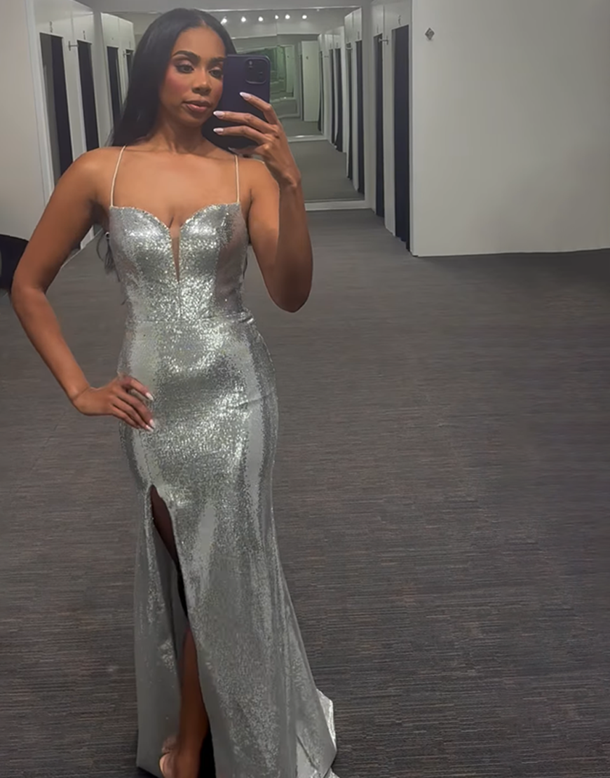 Sparkly Silver Mermaid Spaghetti Straps Sequined Long Prom Dress with Slit