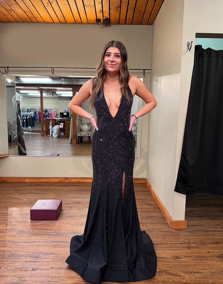 Sparkly Black Beaded Mermaid Halter Satin Long Prom Dress with Slit