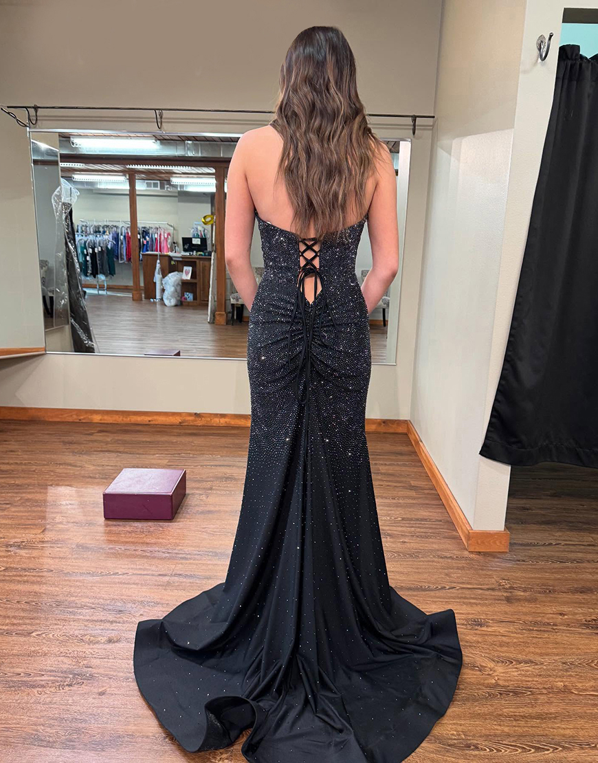 Sparkly Black Beaded Mermaid Halter Satin Long Prom Dress with Slit