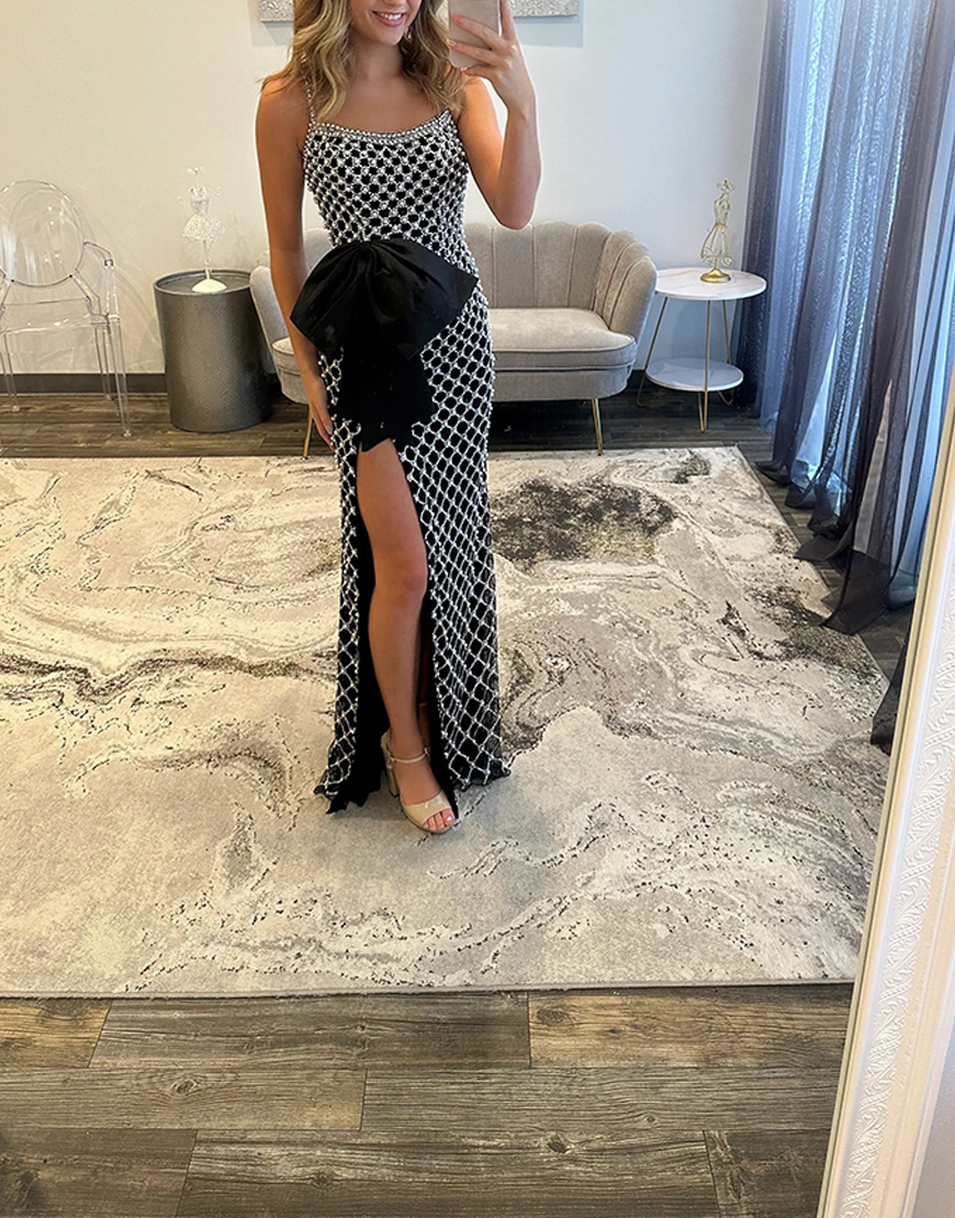 Sparkly White Pearls Spaghetti Straps Mermaid Long Prom Dress with Bow