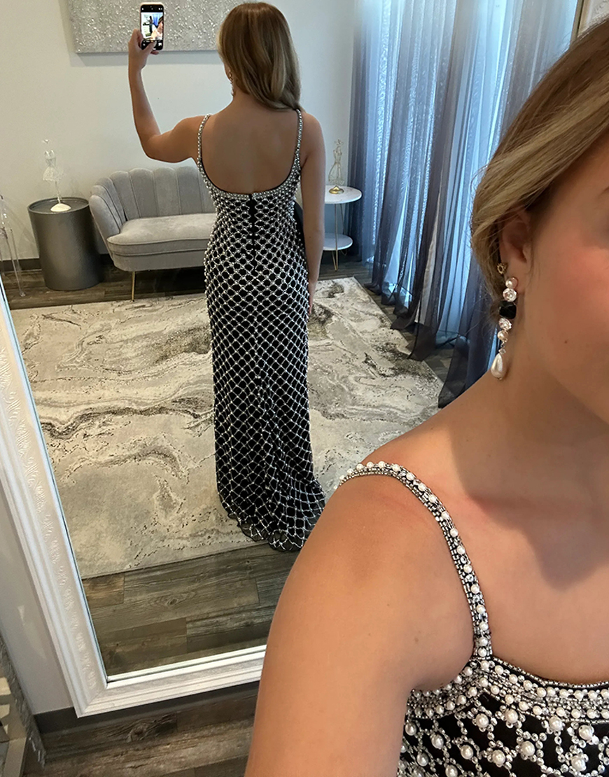 Sparkly White Pearls Spaghetti Straps Mermaid Long Prom Dress with Bow