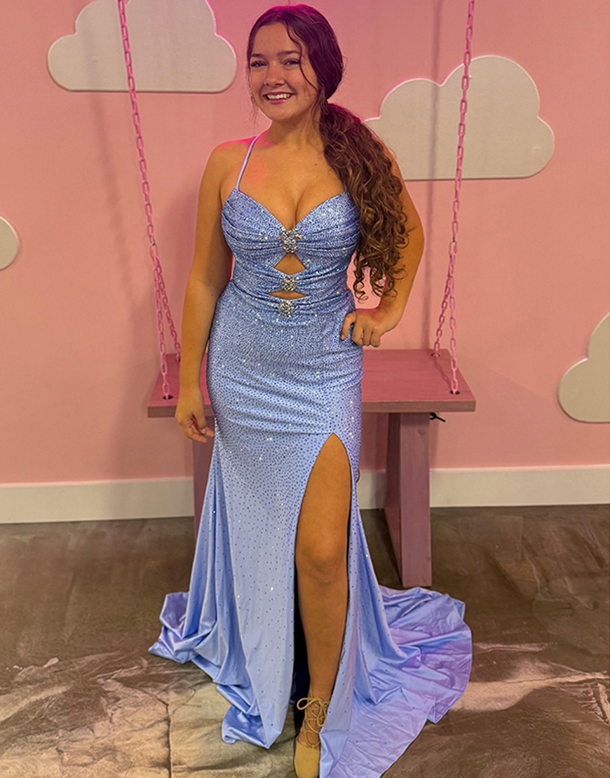 Sparkly Blue Beaded Mermaid Satin Cut Out Long Prom Dress with Slit