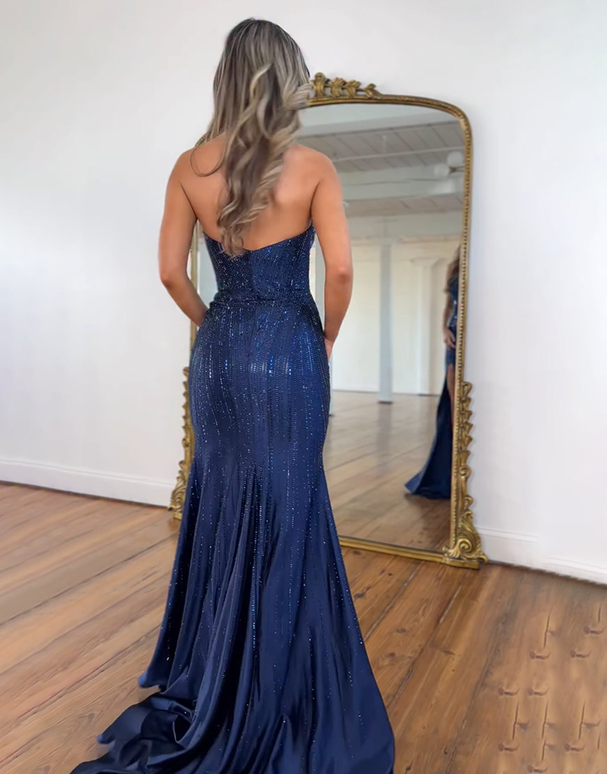 Sparkly Navy Sweetheart Beaded Mermaid Satin Long Prom Dress with Slit