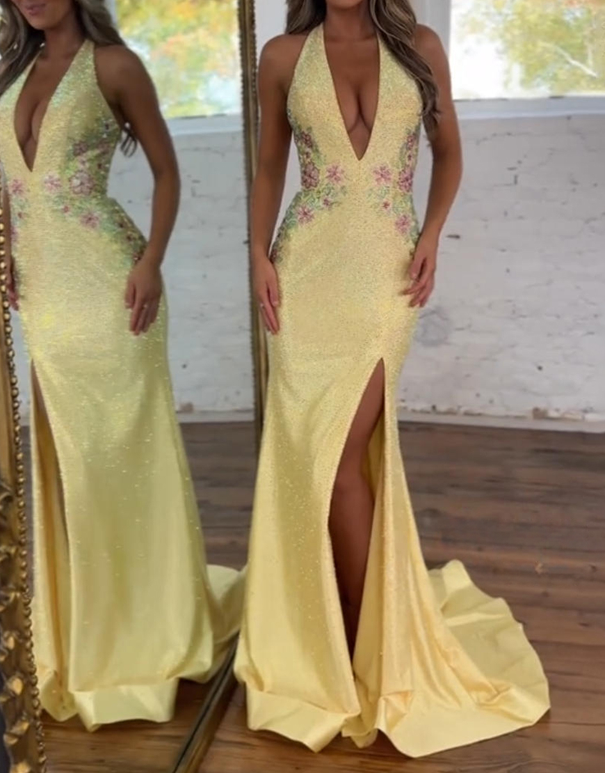 Sparkly Yellow Satin Halter Floral Mermaid Long Prom Dress with Beading